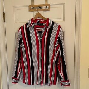 Jones New York black, white and red striped blouse.